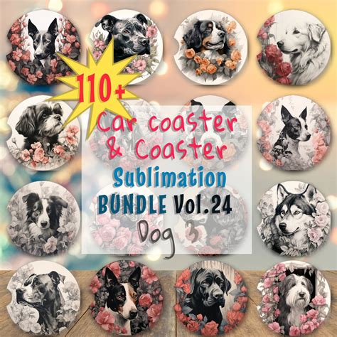 110 Black and White Dog Car Coaster Sublimation Design PNG V24, Car Coaster Designs,round ...