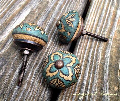 Vintage Inspired Teal Blue Ceramic Floral Cabinet Drawer Knob - Magical Beans Home