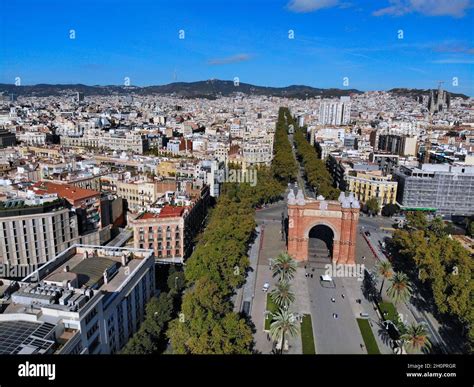 Barcelona aerial view. Cityscape with triumphal arch (Arc de Triomf) and Passeig de Lluis ...