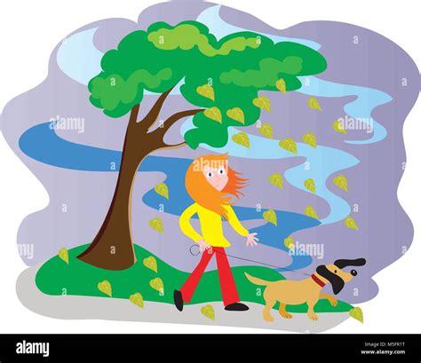 A cartoon of a girl walking her dog on a windy day Stock Vector Art ...