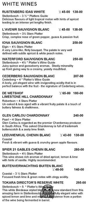 Menu at Elangeni restaurant, Durban