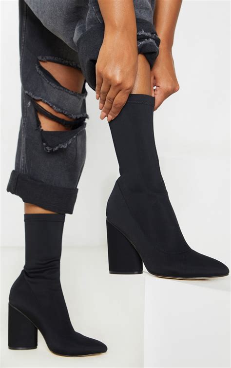 Black Chunky Block Heel Sock Boot | Footwear | PrettyLittleThing CA