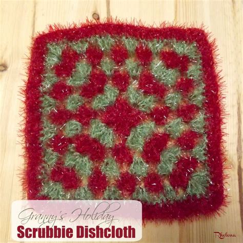 Free crochet pattern for Granny's Holiday Scrubbie Dishcloth. The dishcloth is crocheted using ...