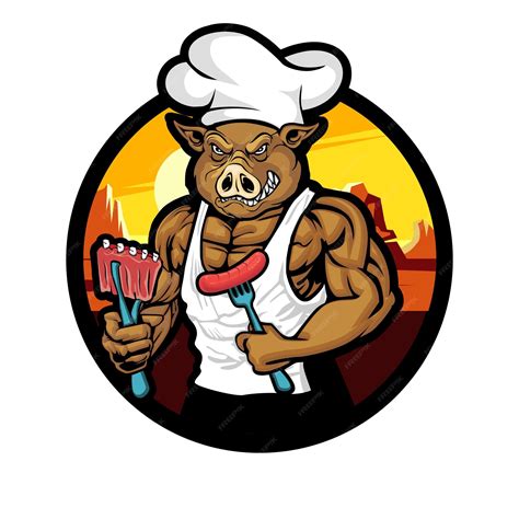 Premium Vector | A cartoon pig chef mascot illustration cooking bbq meat logo design vector ...