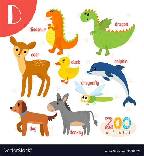 Letter d cute animals funny cartoon Royalty Free Vector