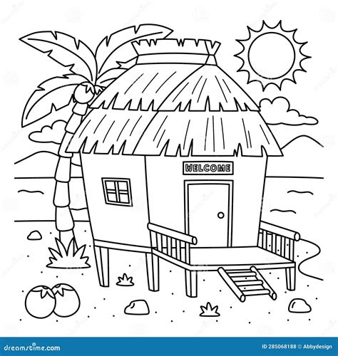 Nipa Hut Summer Coloring Page For Kids Vector Illustration ...