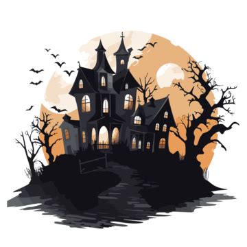 Haunted House Silhouette Vector, Sticker Clipart An Illustration Of A Black And White Haunted ...