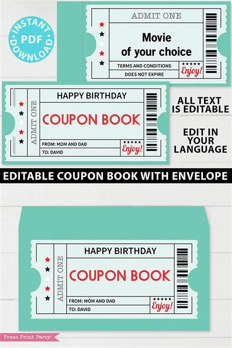 Coupon Book Template Printable, Ticket Teal - Press Print Party!