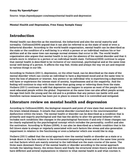 📌 Mental Health and Depression, Free Essay Sample | SpeedyPaper.com