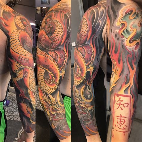 St Pete Tattoo Fire Dragon Sleeve by J Michael Taylor - Black Amethyst Tattoo Gallery