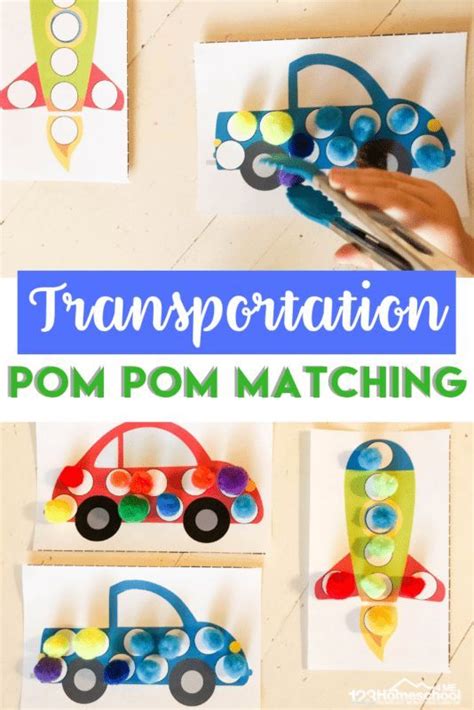 Transportation Pom Pom Matching Sheets Activities for Toddlers