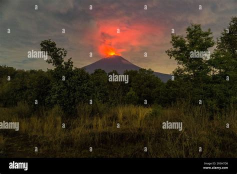 23 May 2023, Mexico, San Nicolás de los Ranchos: Popocatepetl volcano emits ash, steam and gas ...