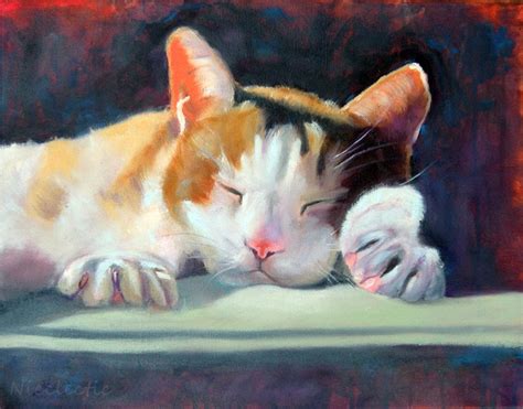 Sleeping cat, pet art, cat lover, white and brown Calico cat, animal art print, peaceful kitty ...