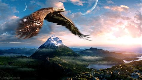 Large Bald Eagle Flying In The Clouds, Mountains Rocky Mountain Peaks With Snow Moon Lake Hd ...