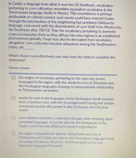 Solved: In Caddo, a language from what is now the US Southeast, vocabulary pertaining to corn ...