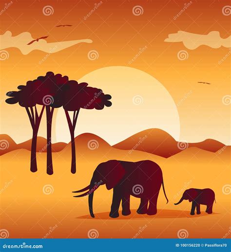 Elephants in Safari with Wild and Sunset Background Stock Vector - Illustration of silhouette ...