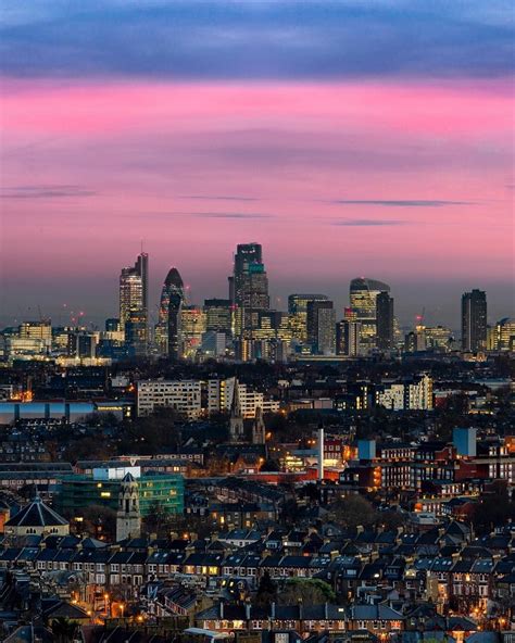 Pink Sky In The City - The London skyline from Archway in North London with a wonderful pink sky ...