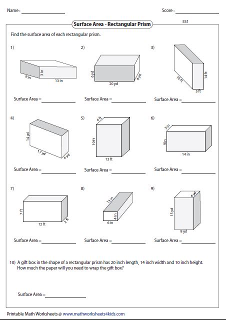 Surface Area Worksheets