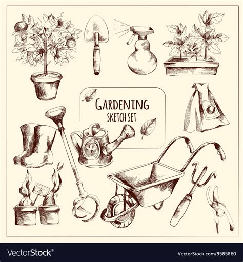 Gardening sketch set Royalty Free Vector Image