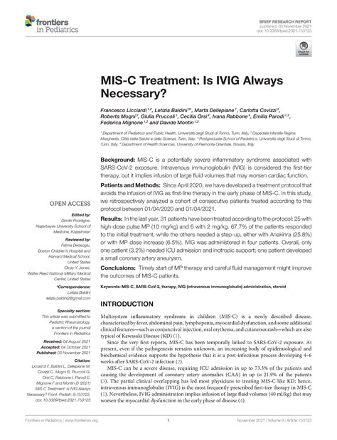 2021 MIS-C Treatment. Is IVIG Always Necessary - BRIEF RESEARCH REPORT ...