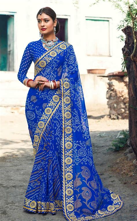 Designer Blue Georgette Bandhani Print Saree with heavy zari work lace border | Saree designs ...