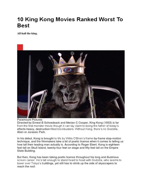 10 King Kong Movies Ranked Worst To Best | PDF | Cinema | Leisure