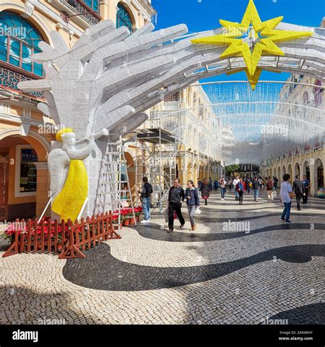 Christmas decoration with the Star of Bethlehem on Senado Square (Largo do Senado). Macau, China ...