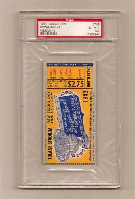 1942 Sugar Bowl Game ticket stub Fordham Missouri PSA