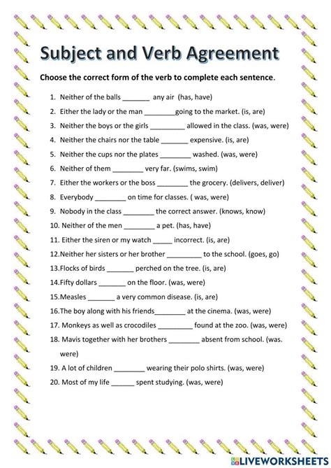 Verb Subject Agreement Worksheet: Practice Exercises for Proper Subject ...