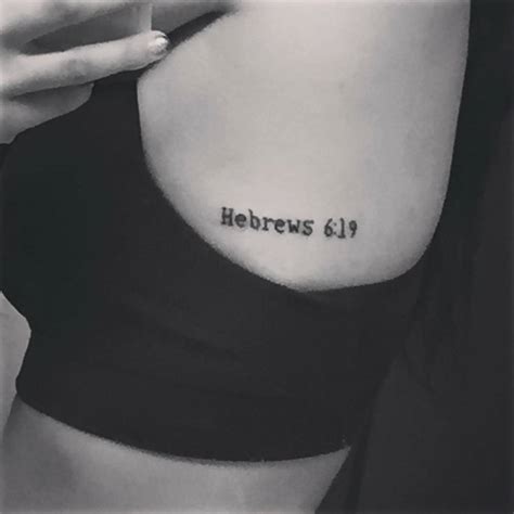 Side tattoo saying "Hebrews 6:19" on Kathleen Gelverio.