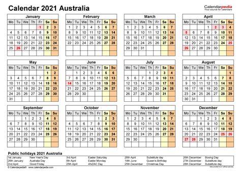 Printable Yearly Calendar 2021 Australia