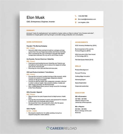 Elon Musk Resume Example & Template - Career Reload