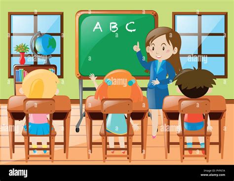 Teacher teaching kindergarten students in class illustration Stock Vector Image & Art - Alamy