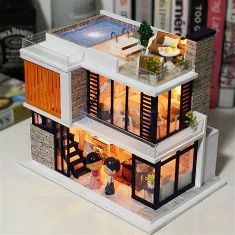 Handmade 3D DIY House Model Kit Miniature LED Light Wooden Dolls House ...