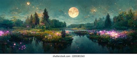 Night Landscape Environment Harvest Moon Over Stock Illustration ...