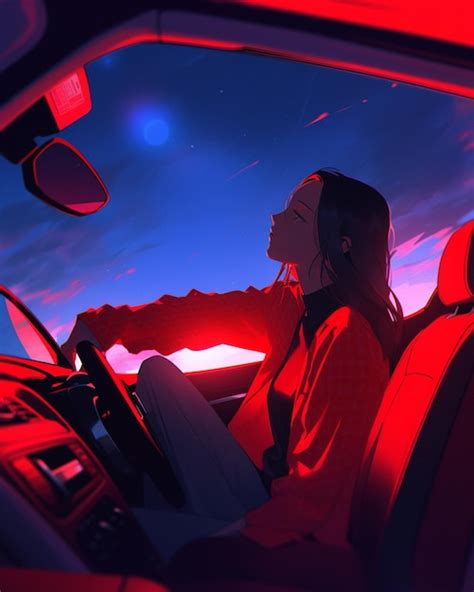 Premium AI Image | Anime girl driving a car with a red light on ...