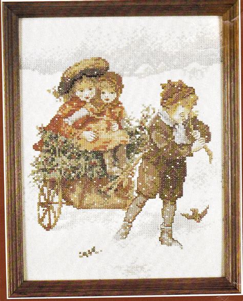 Lanarte 33465 Cross Stitch Kit, Little Boy Pulling Wagon, His Sisters are Sitting on Top of an ...