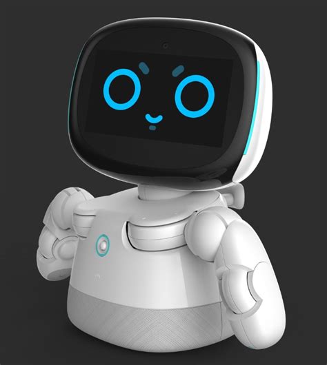 a white robot with blue eyes pointing at the camera