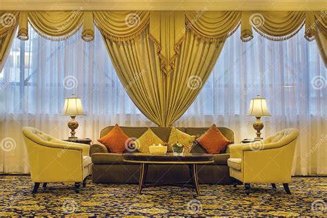 Living Room with Ornate Curtains and Furniture Stock Image - Image of rugs, carpet: 32706431