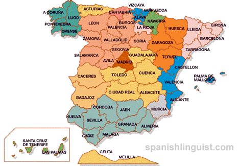 Spain's Region Map. Spanish Cities. Spanish Provinces.
