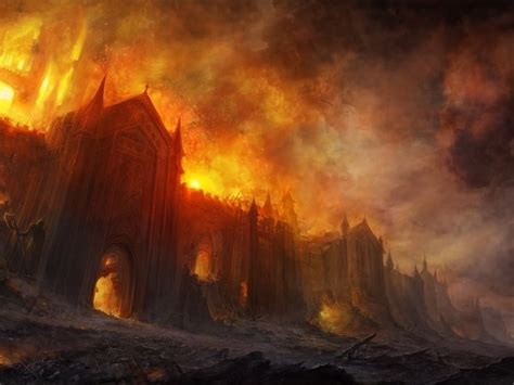 Pin by Emily Hannah on Worlds and Landscapes | Fantasy landscape, Burning city, Art