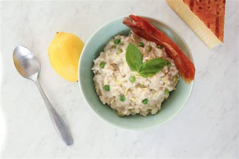 Creamy Risotto Recipe with Mahón-Menorca Cheese, Peas, Lemon, Mint, and Crispy Prosciutto ...