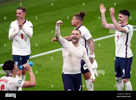 England's Luke Shaw celebrates winning the UEFA Euro 2020 semi final match at Wembley Stadium ...