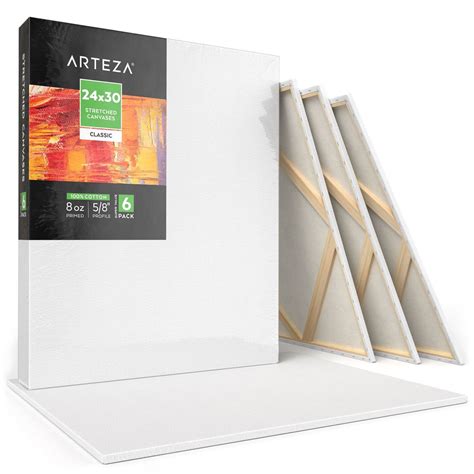 Arteza Stretched Canvas, Classic, White, 24"x30", Large Blank Canvas Boards for Painting - 6 ...