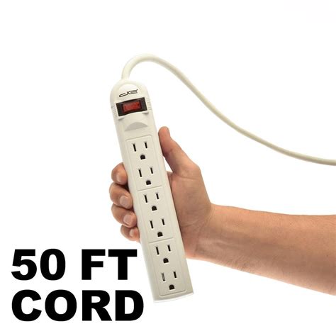 White Digital Energy 6-Outlet Surge Protector Power Strip with 50ft Long Electric Plug Extension ...