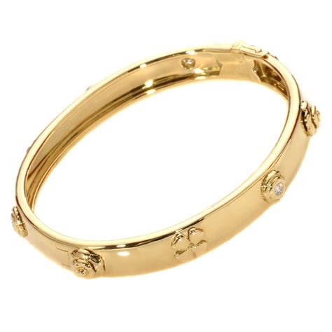 Chanel Camellia Diamond Gold Bangle Bracelet For Sale at 1stdibs