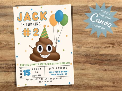 Poop Emoji Birthday Party Invitation, Editable 2nd Birthday Invite ...