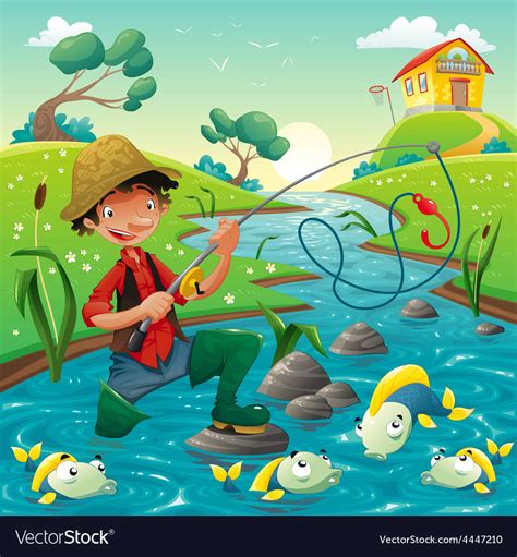 Cartoon scene with fisherman and fish Royalty Free Vector