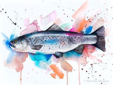 Atlantic salmon fish watercolor painting print by Slaveika Aladjova | Lohi, Kortti