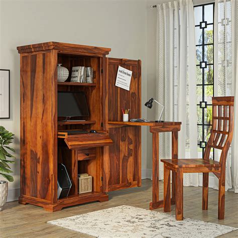 Space Saving Solid Wood Folding Computer Desk with Storage Cabinet